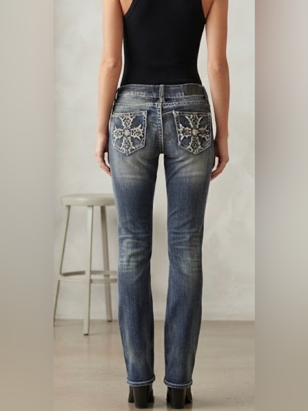 ZCO JEANS Premium Y2K Embellished Rhinestone Cross Pocket Jeans - Size 7